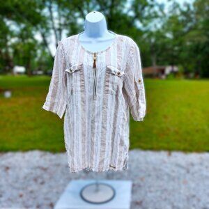 Striped Cotton-Blend Tunic With Roll-Up Sleeves & Tassel Zipper Ellen Tracy